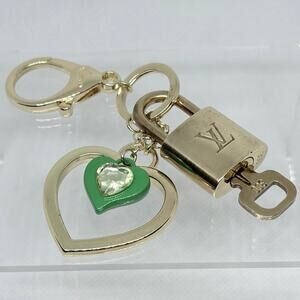 Louis Vuitton Lock and Key #300 w/ a Gold & Green Heart Charm Keychain/Bag Charm